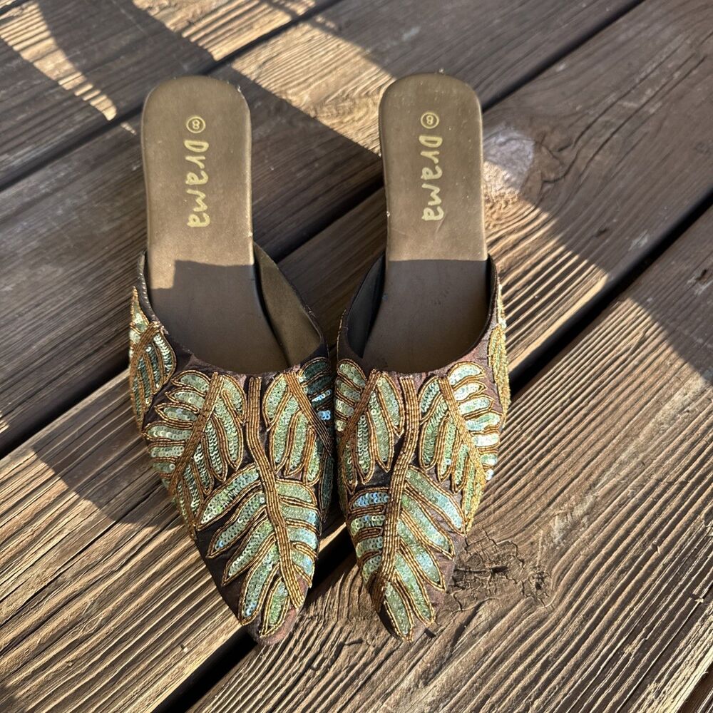 Drama Womens Size 8 Beaded Sequin Leaf Pointed Toe Mule Slides Brown Boho